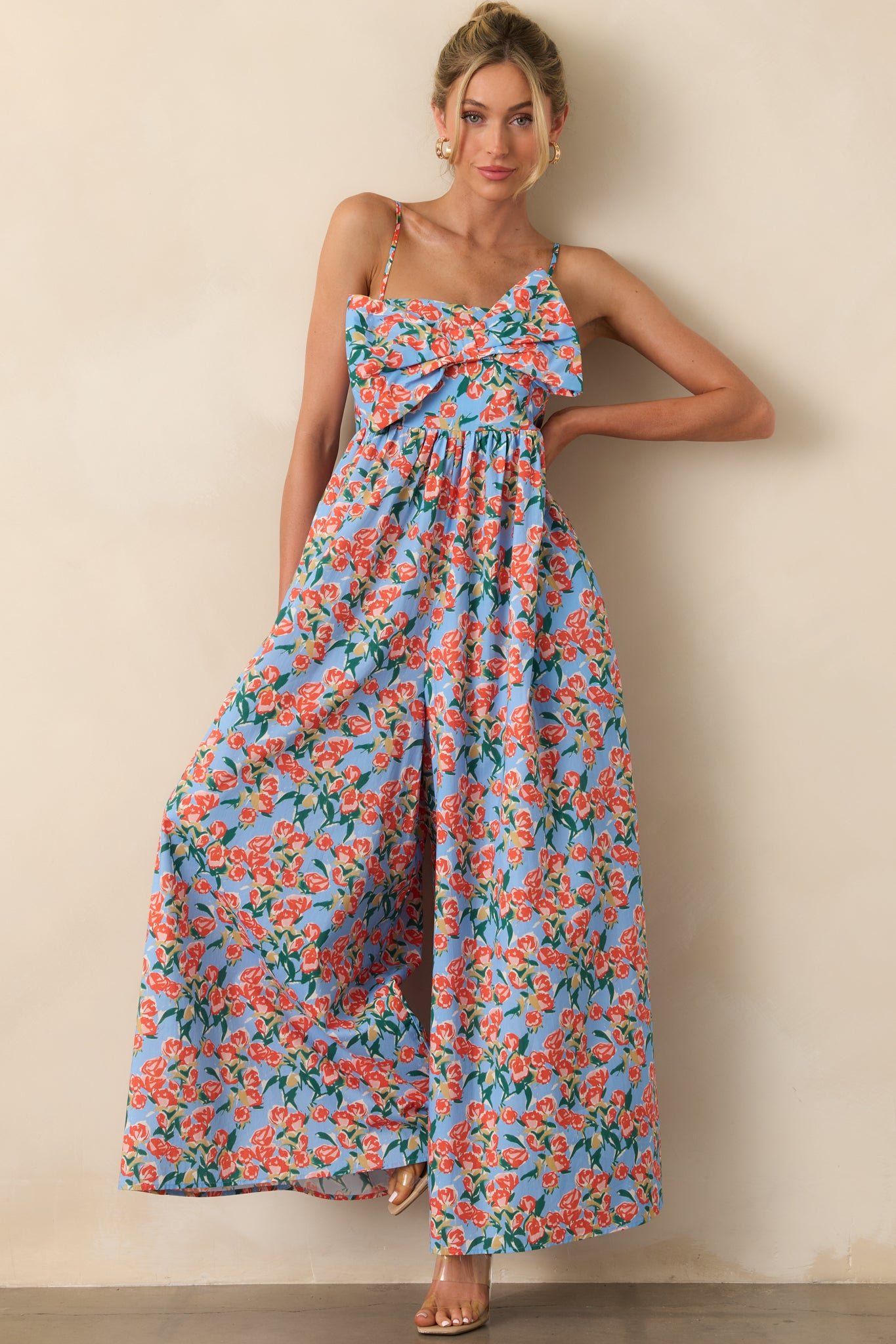Too Good Not To Go Out Blue Floral Cotton Bow Front Jumpsuit - Image 4
