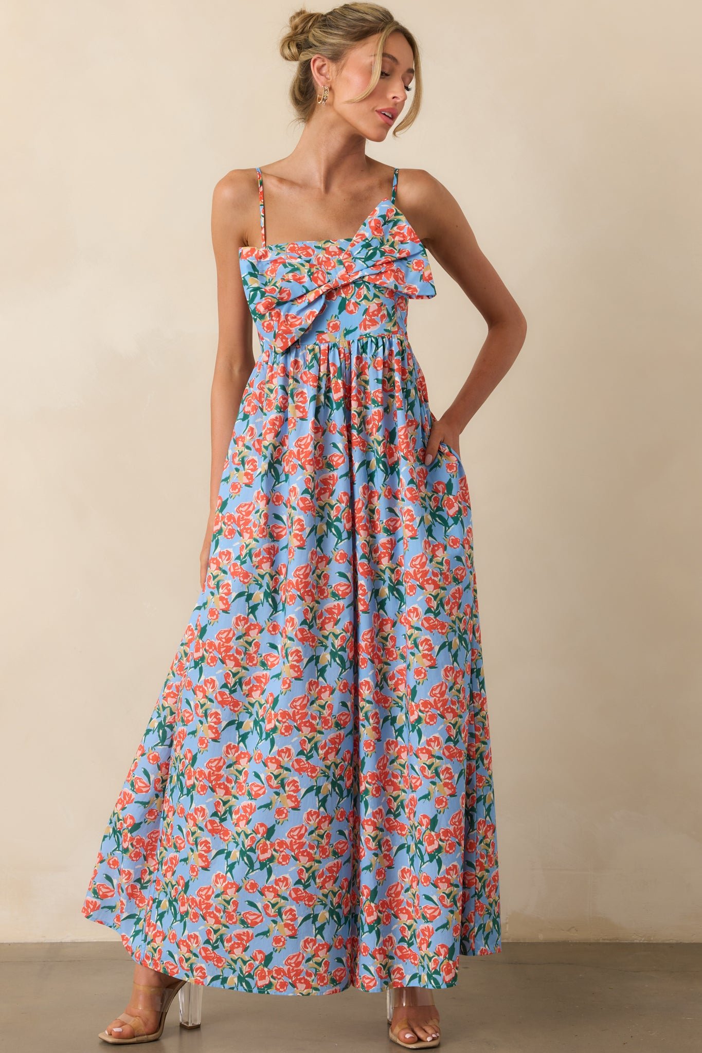 Too Good Not To Go Out Blue Floral Cotton Bow Front Jumpsuit - Image 5