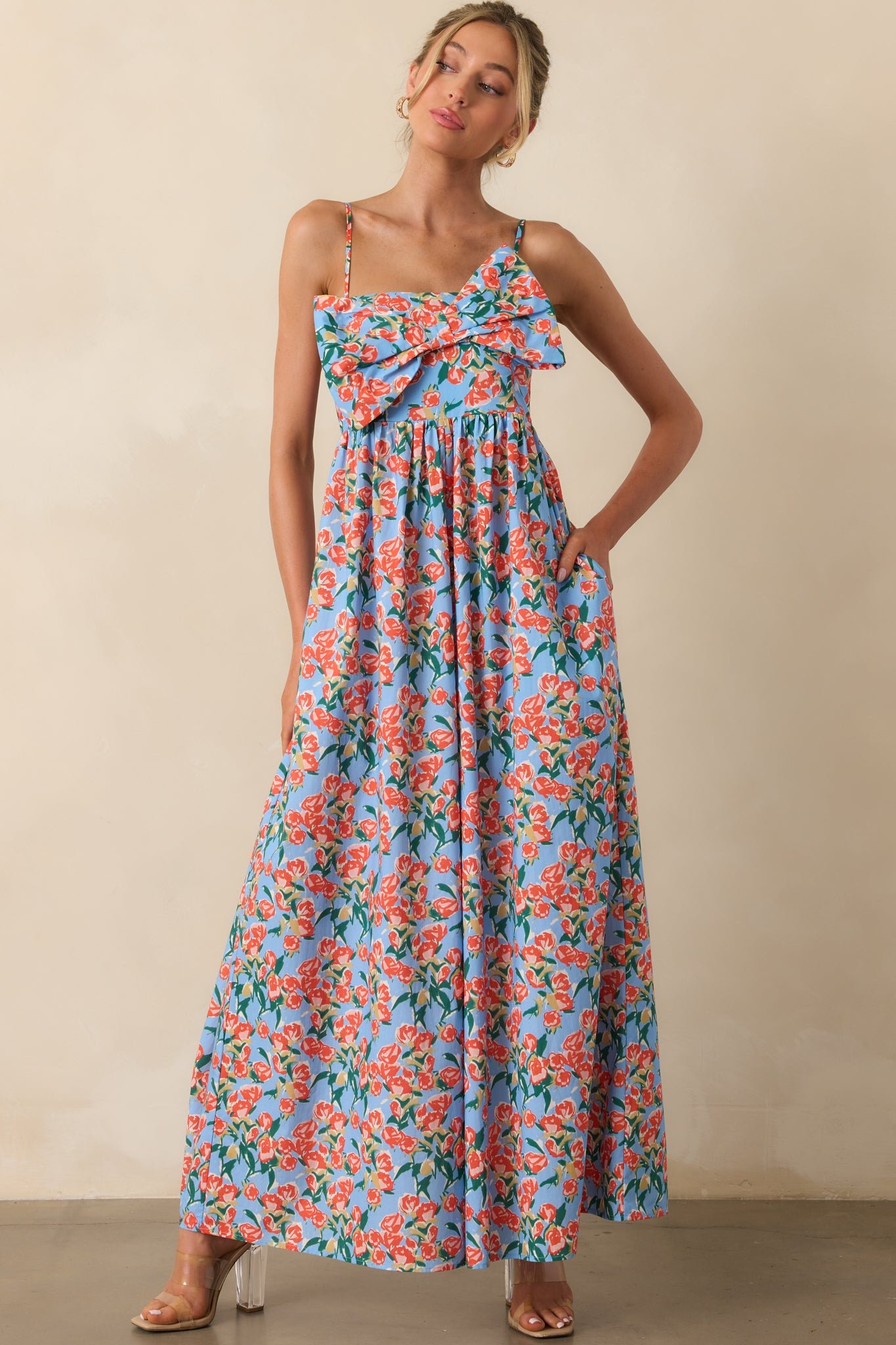 Too Good Not To Go Out Blue Floral Cotton Bow Front Jumpsuit - Image 6