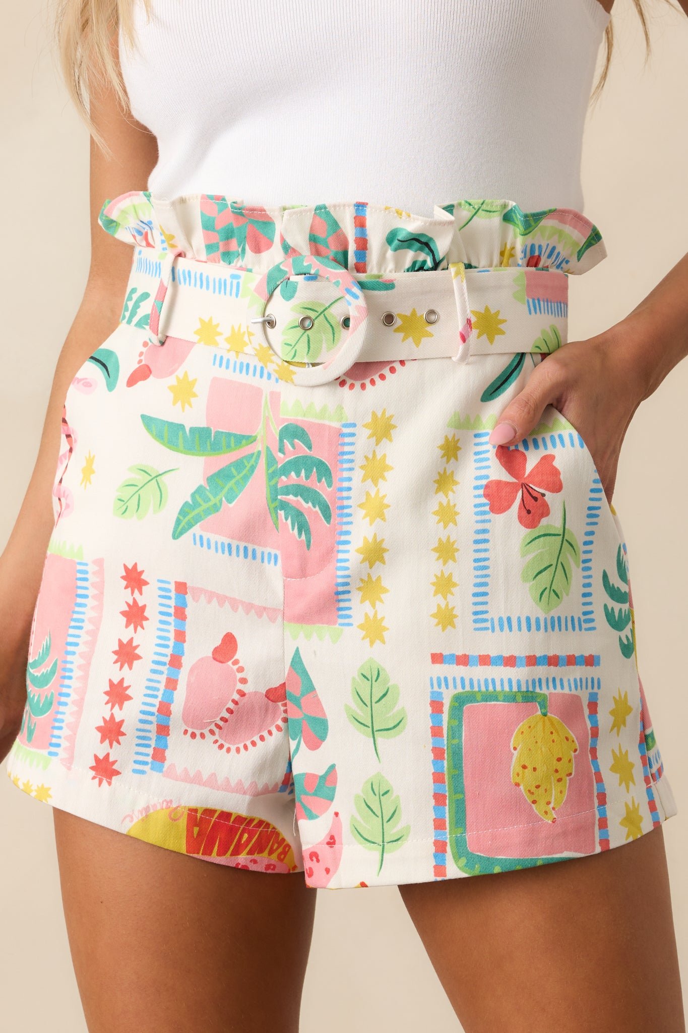 Scenic Views Ivory Patchwork Tropical Print Cotton Belted Shorts - Image 2