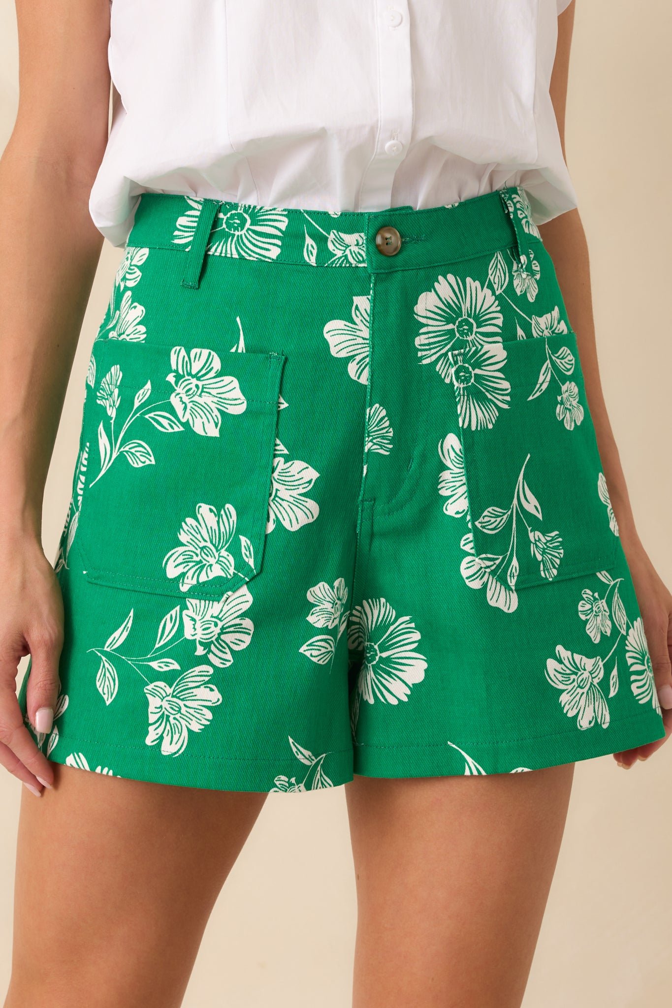 Written In The Petals Kelly Green Floral Print Cotton Denim Shorts