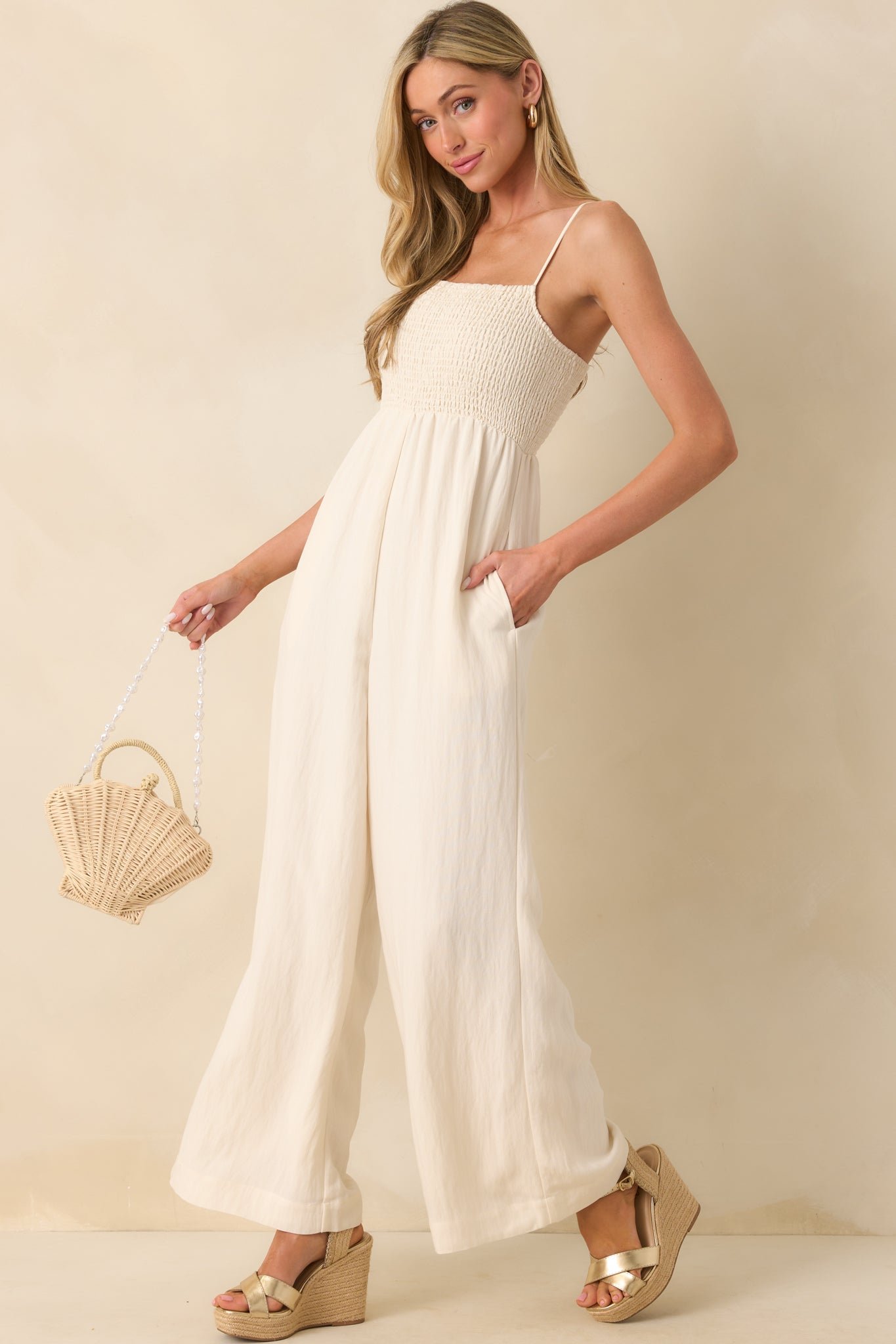 Z Supply Ivory Rayon Beachside Smocked Jumpsuit