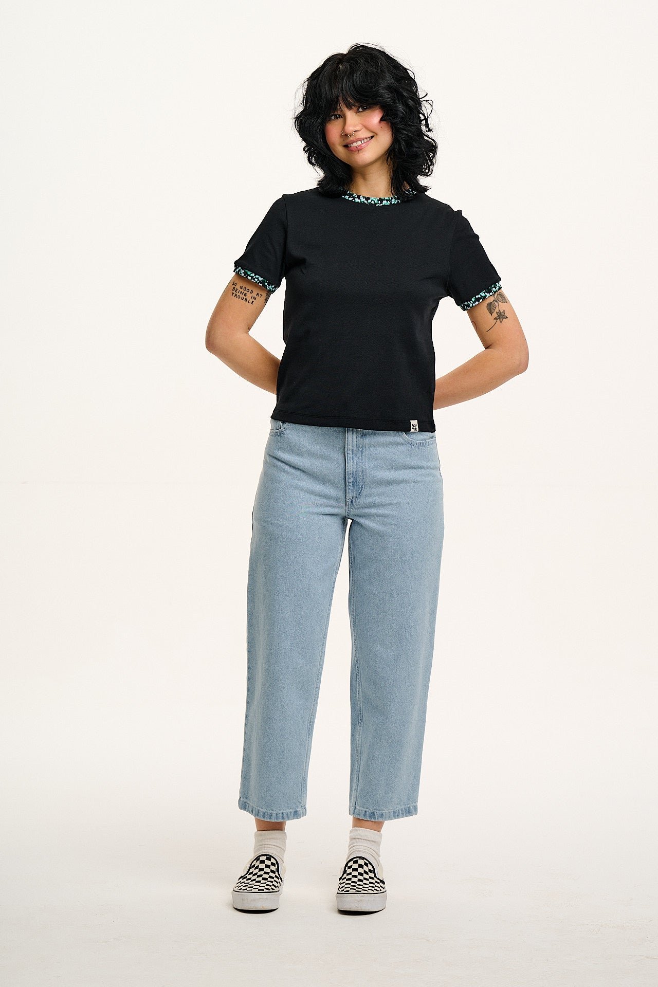 Maya - Cotton Tee in Black with Ditsy Floral Print - Image 4