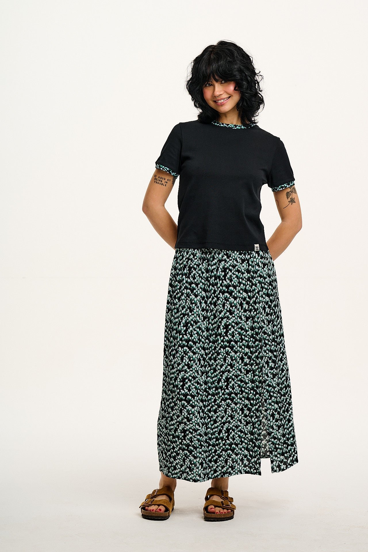 Maya - Cotton Tee in Black with Ditsy Floral Print - Image 7