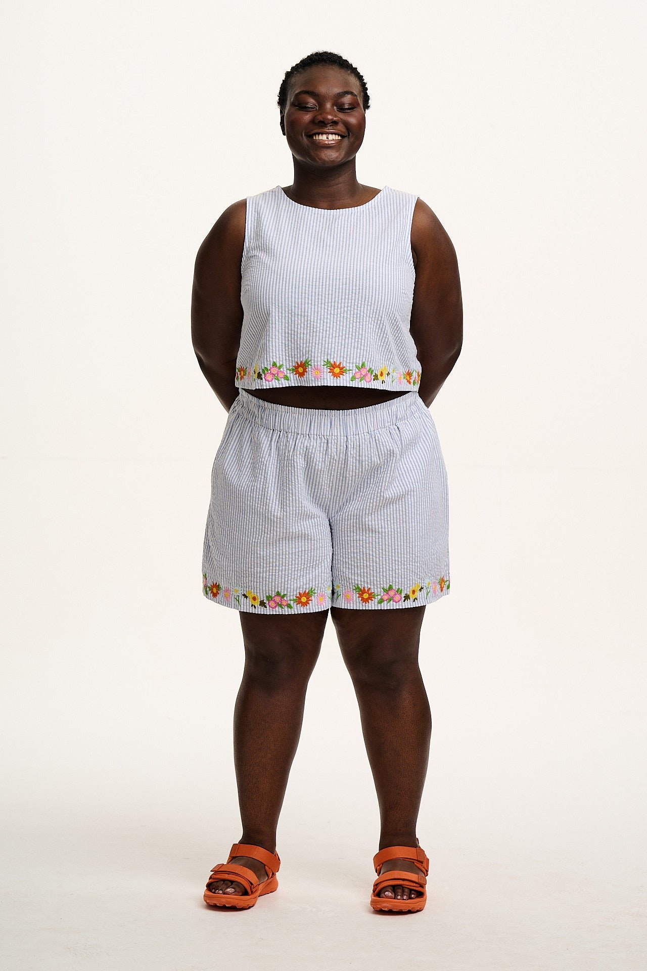 Arden - Cotton Seersucker Shell Top in Blue Stripe with Floral Embroidery - Image 5