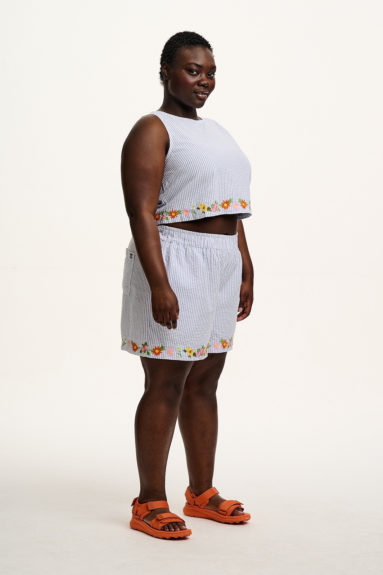 Arden - Cotton Seersucker Shell Top in Blue Stripe with Floral Embroidery - Image 6