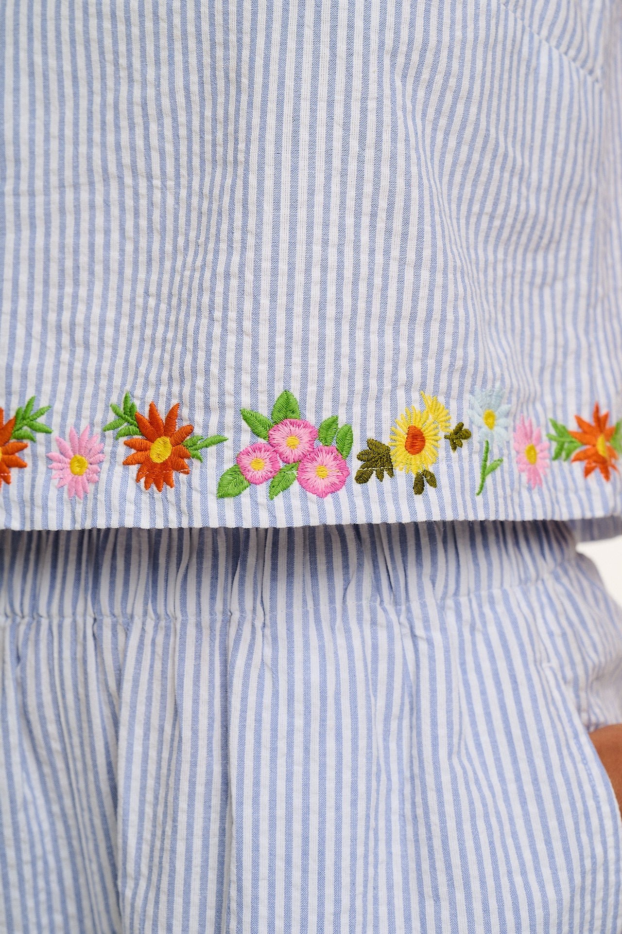 Arden - Cotton Seersucker Shell Top in Blue Stripe with Floral Embroidery - Image 2