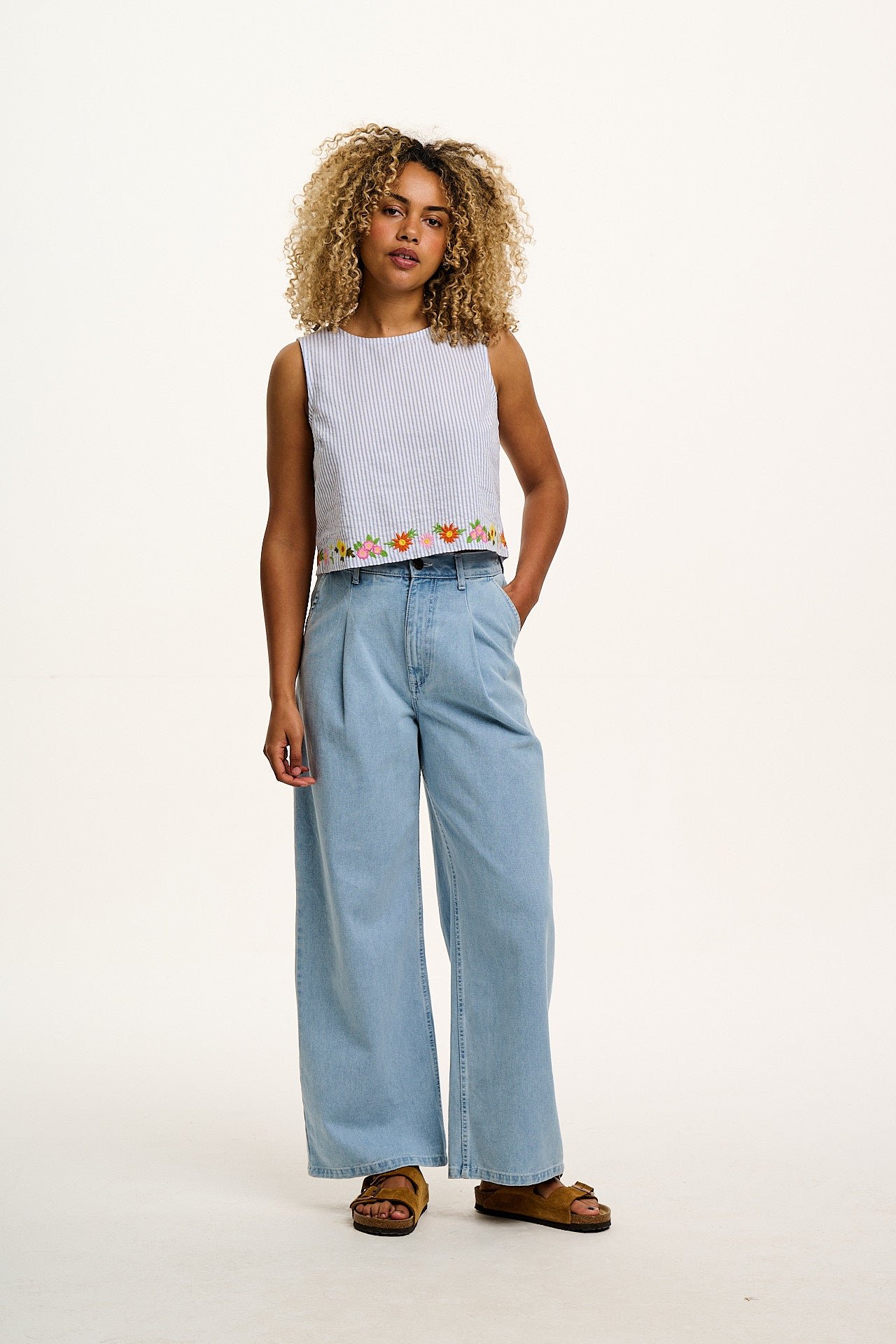 Arden - Cotton Seersucker Shell Top in Blue Stripe with Floral Embroidery - Image 9