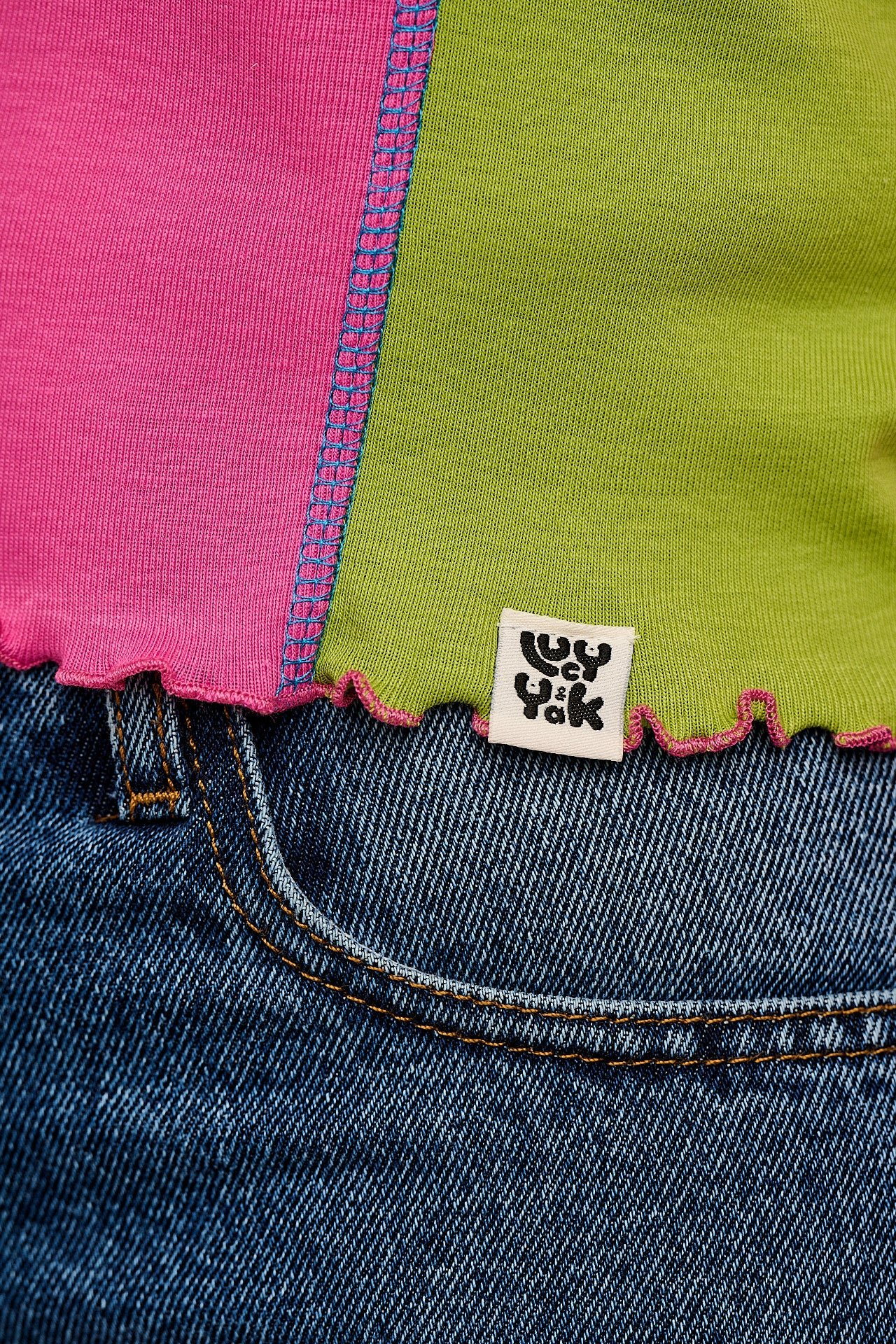 Hansel - Long Sleeve Cotton Crop Top in Pink, Blue & Green - Image 3